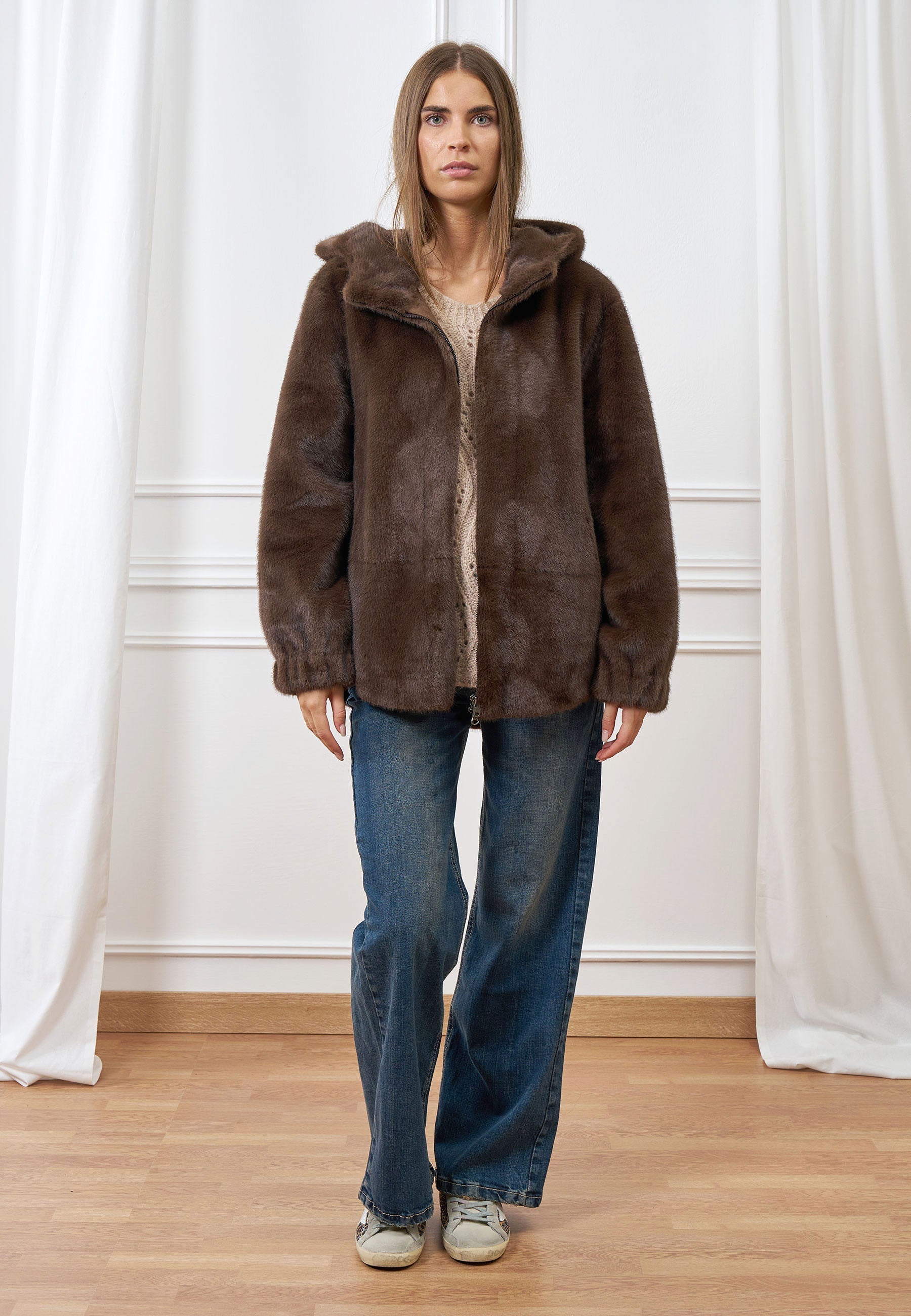 Short eco-fur coat