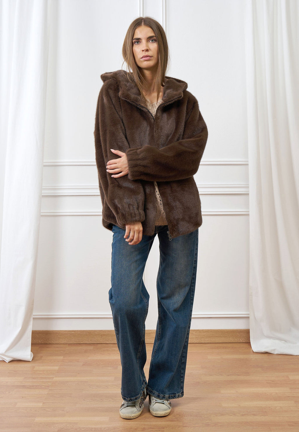 Short eco-fur coat