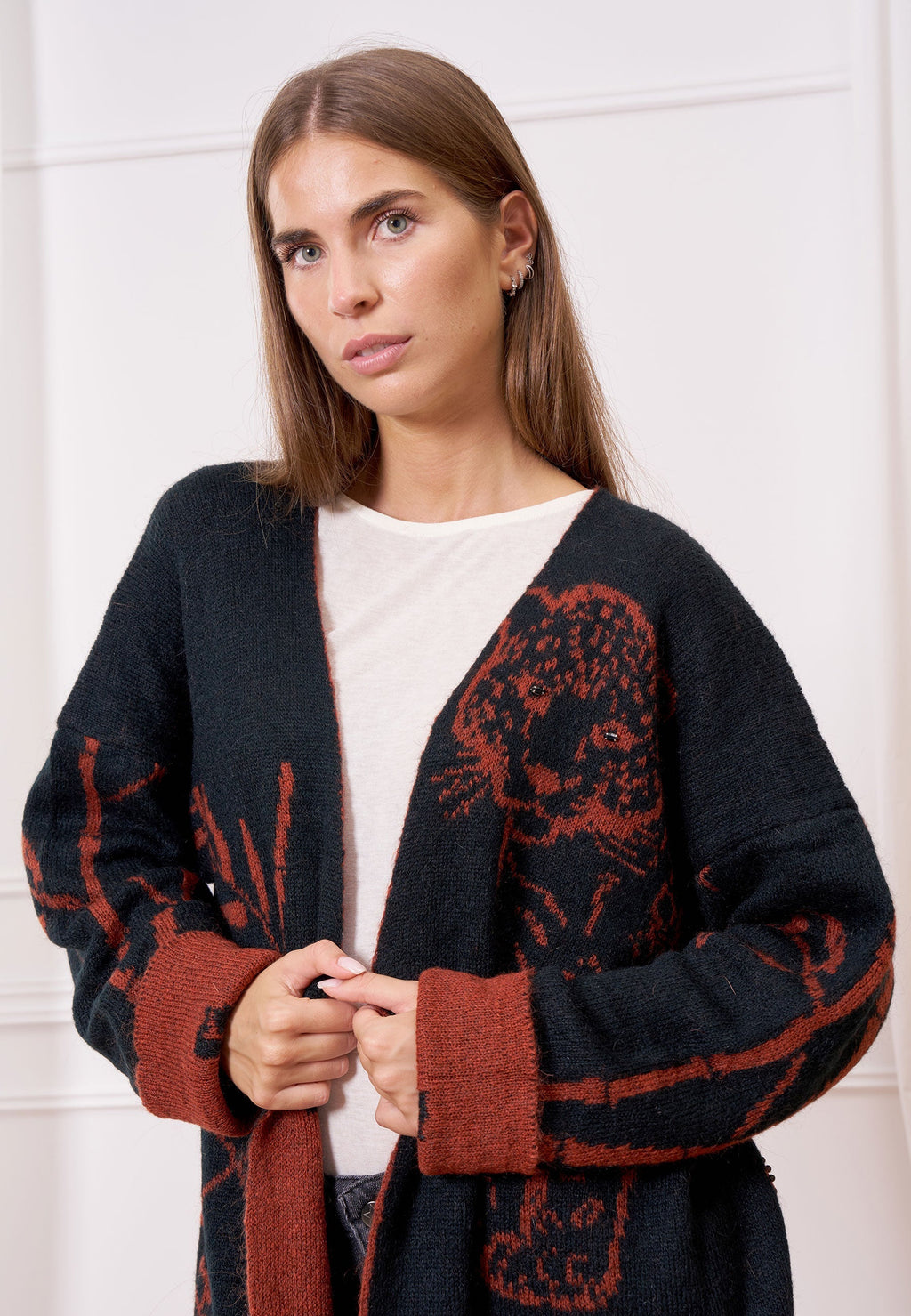 Jacquard Knit Coat with Fringes