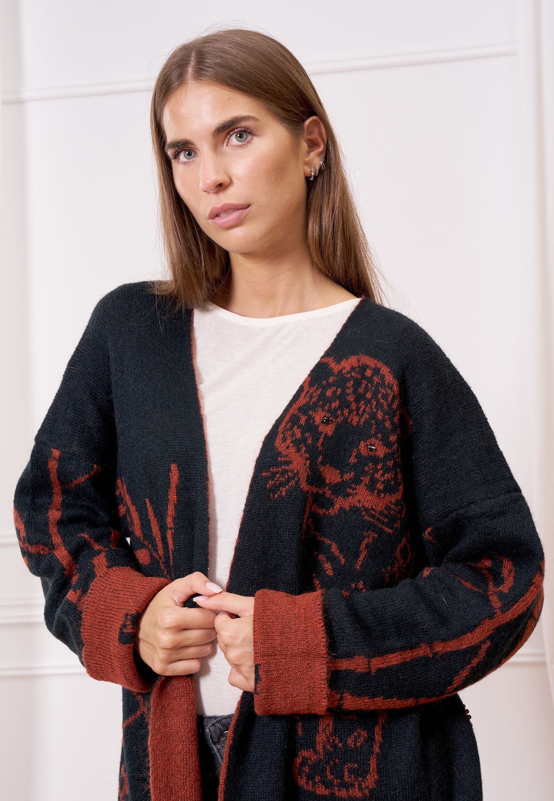 Jacquard Knit Coat with Fringes