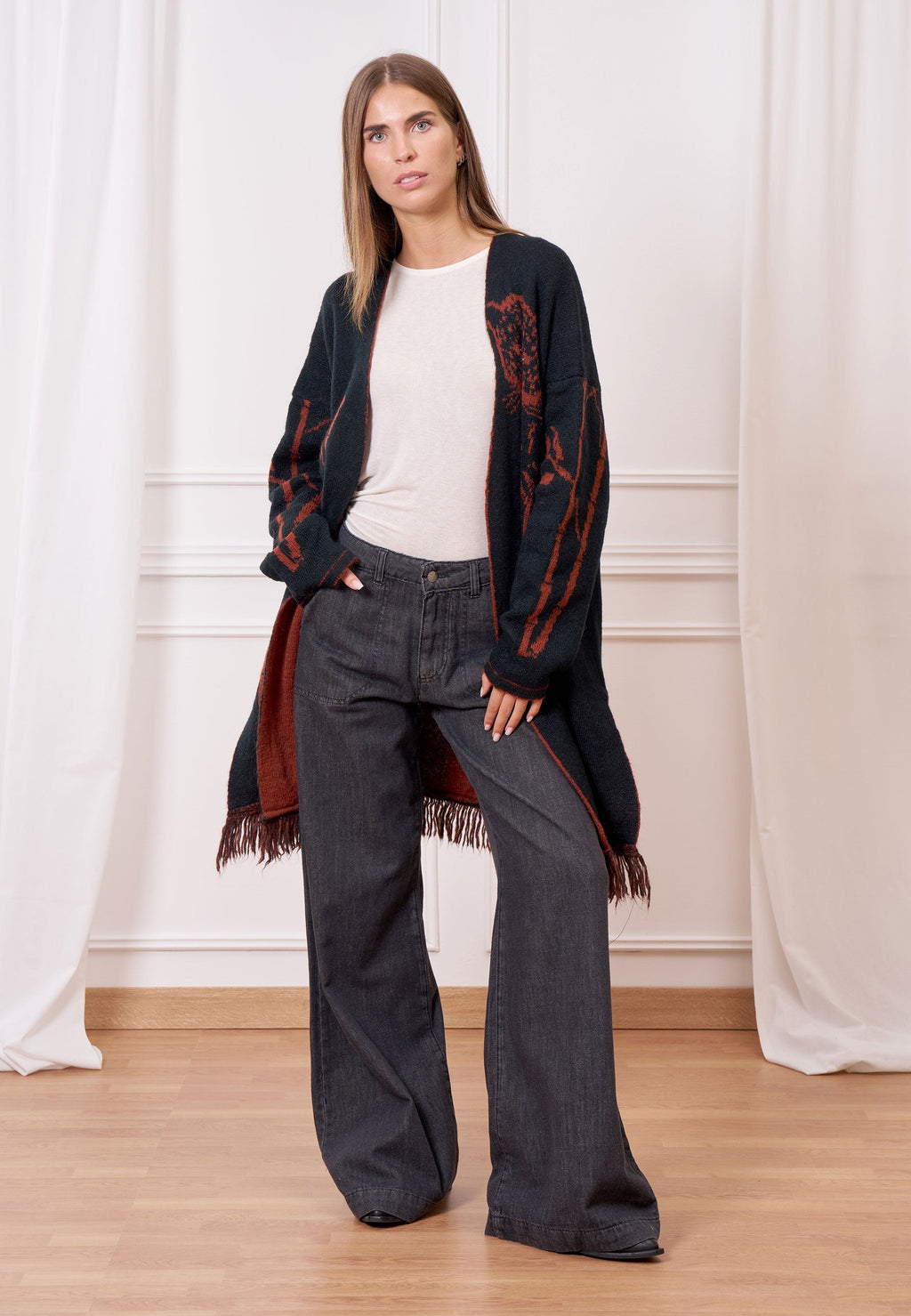 Jacquard Knit Coat with Fringes