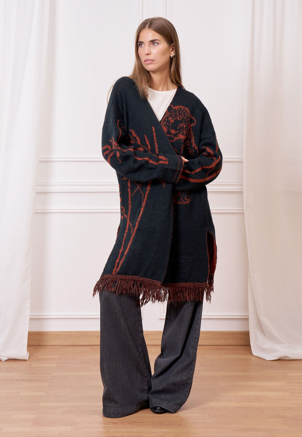 Jacquard Knit Coat with Fringes