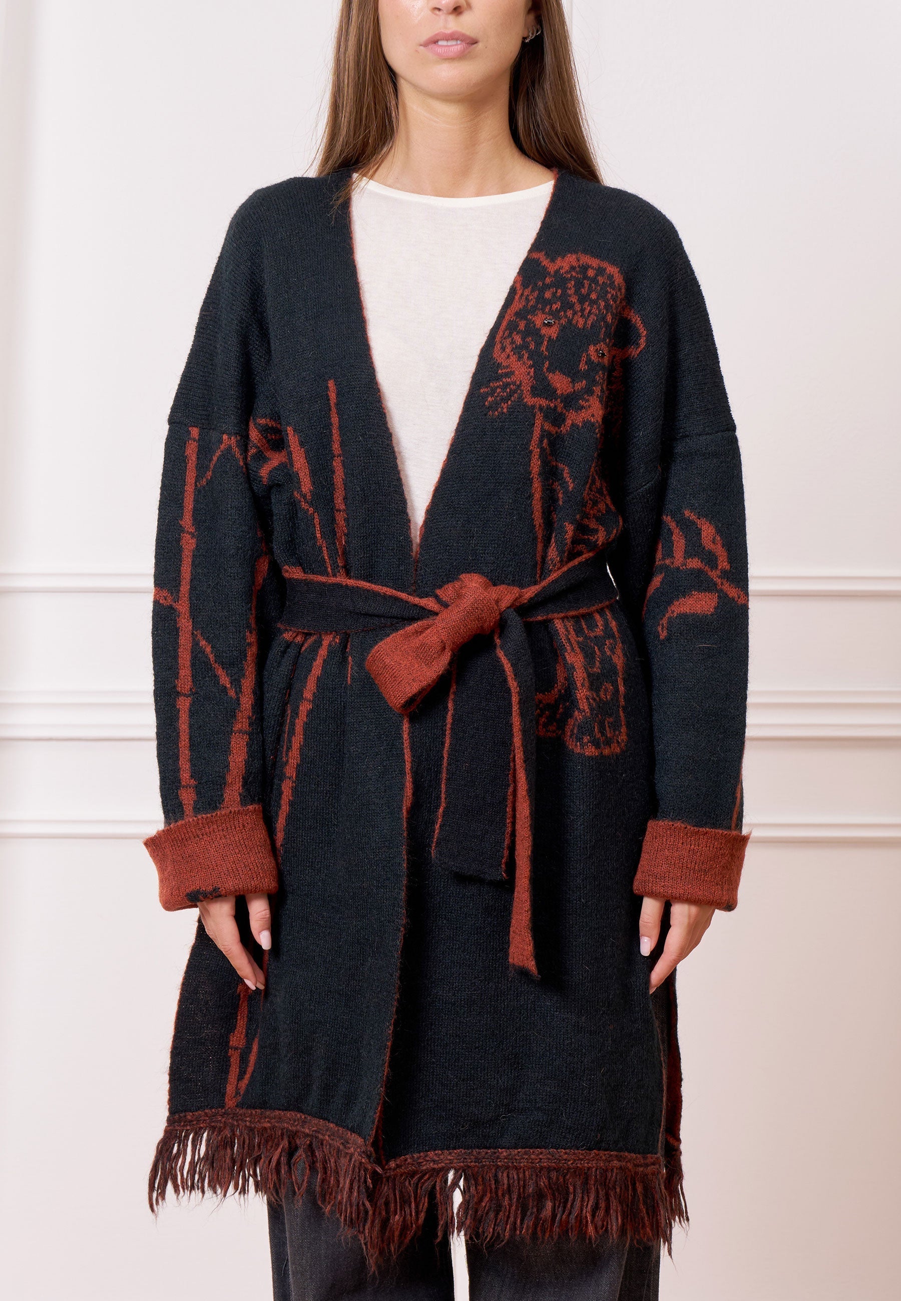 Jacquard Knit Coat with Fringes
