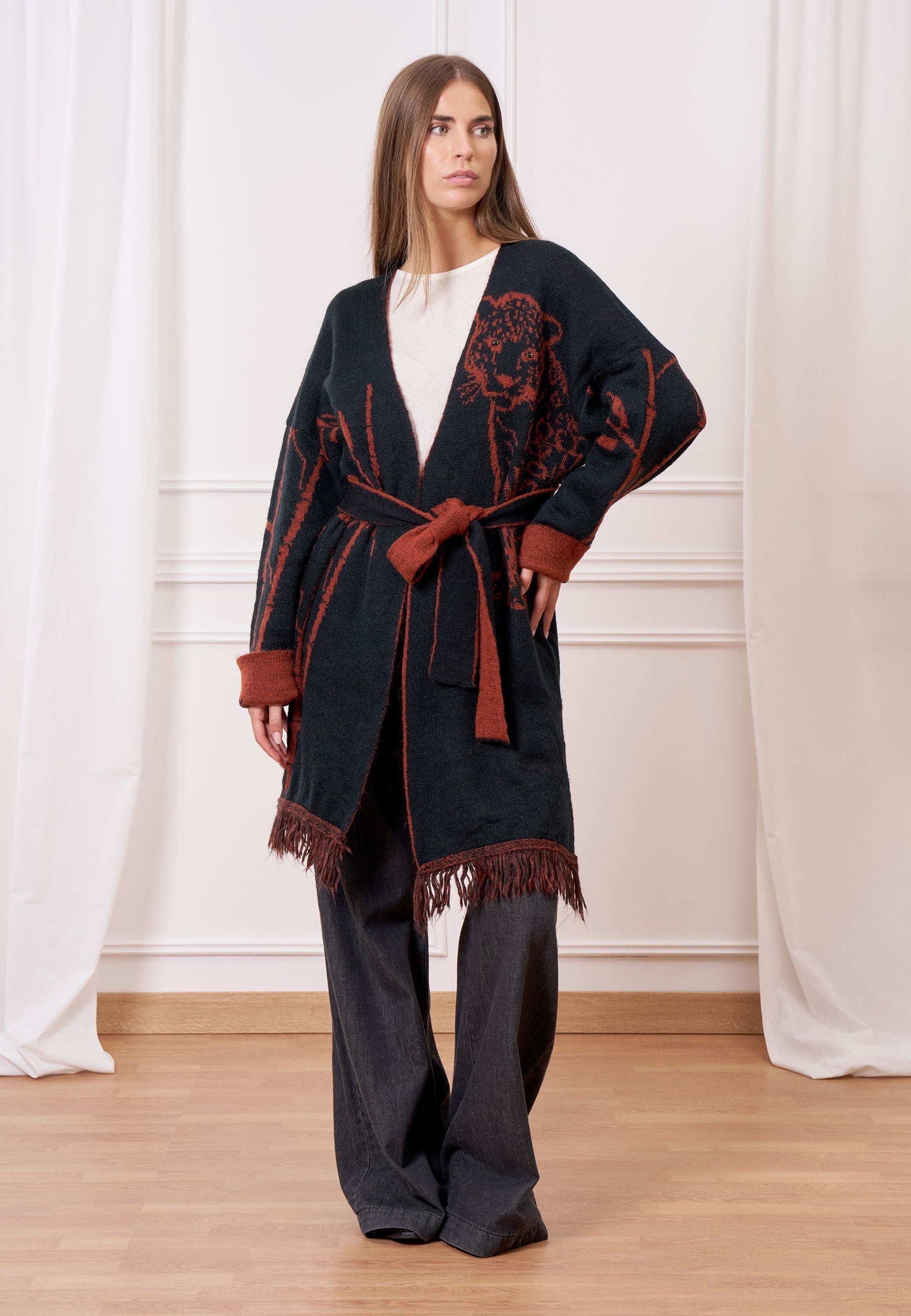 Jacquard Knit Coat with Fringes