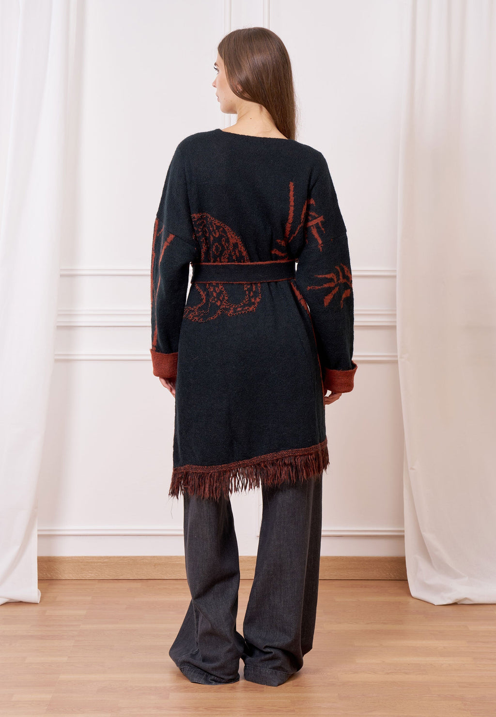 Jacquard Knit Coat with Fringes