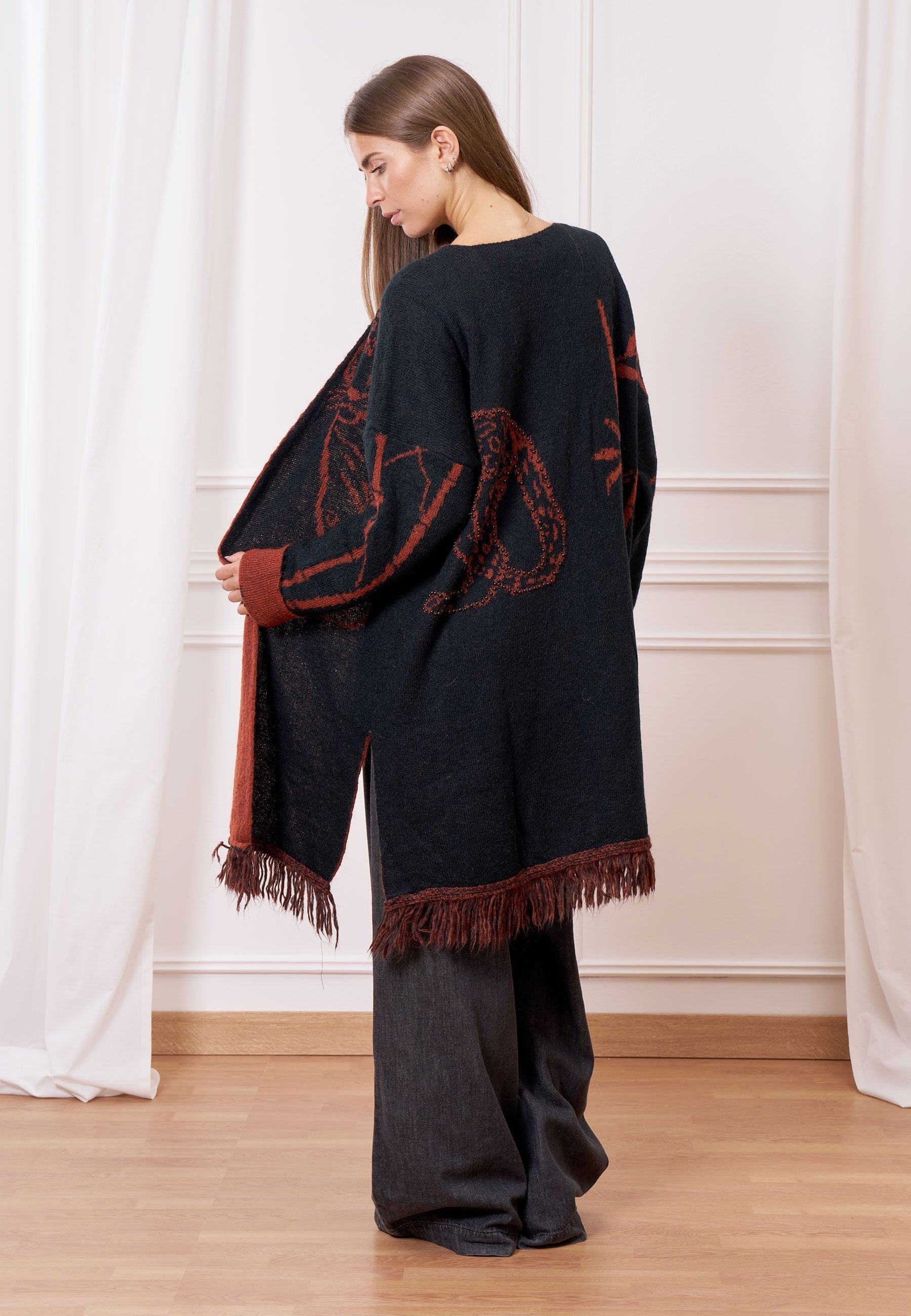 Jacquard Knit Coat with Fringes