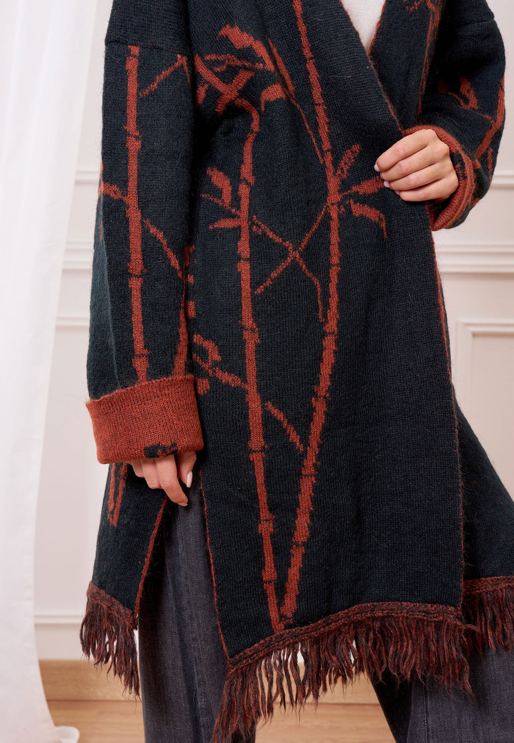Jacquard Knit Coat with Fringes