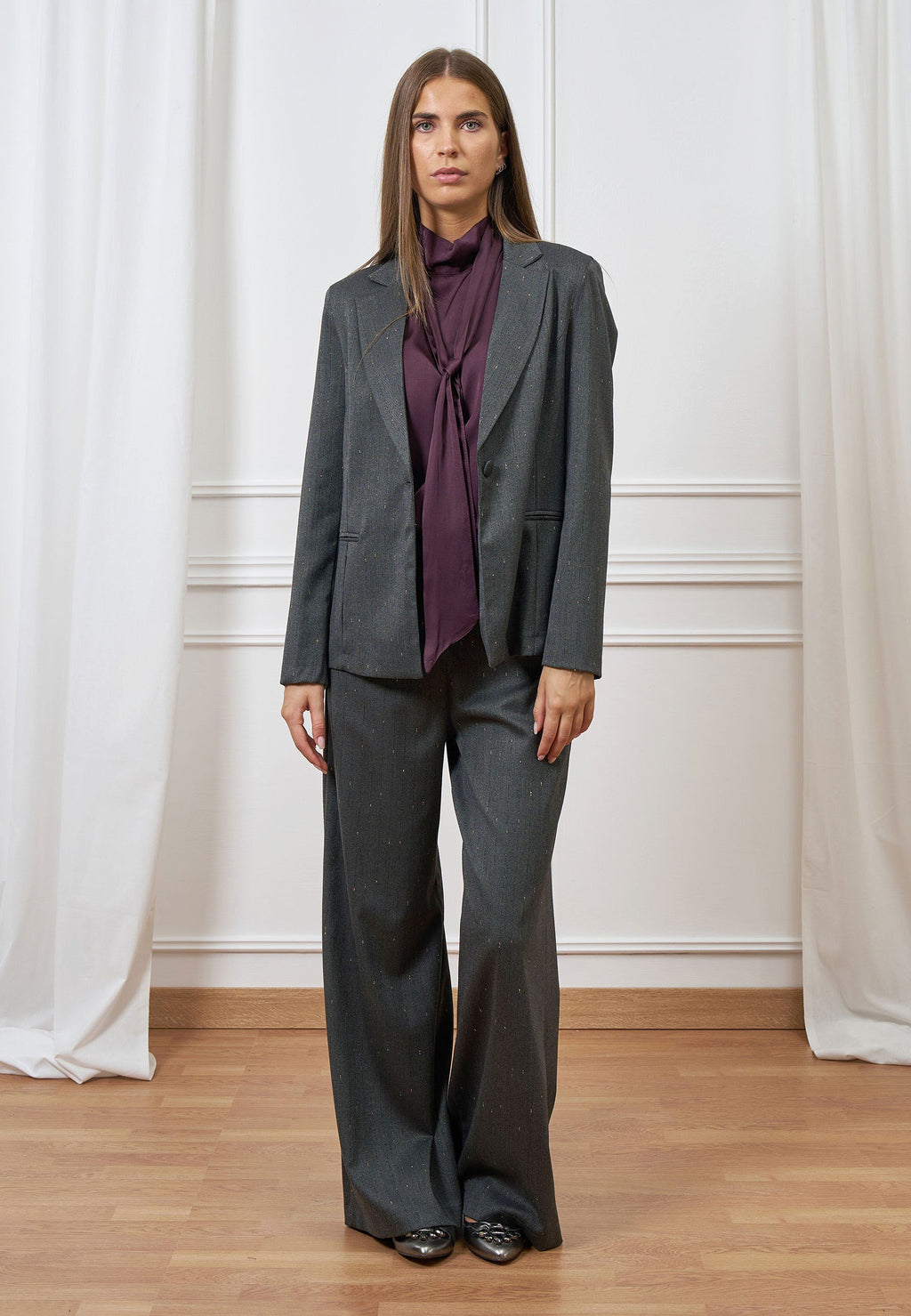 Single-breasted herringbone blazer with lurex