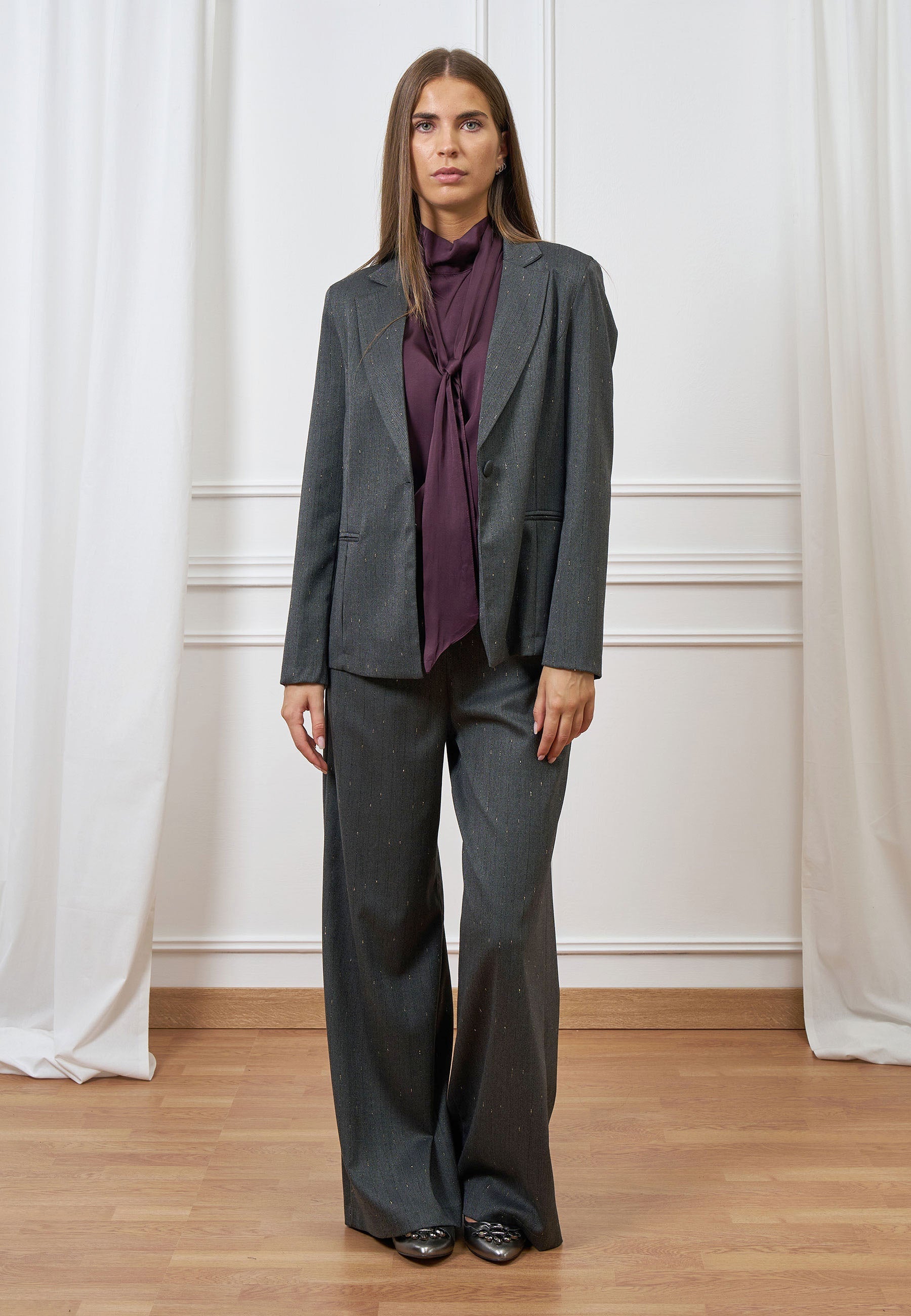 Single-breasted herringbone blazer with lurex