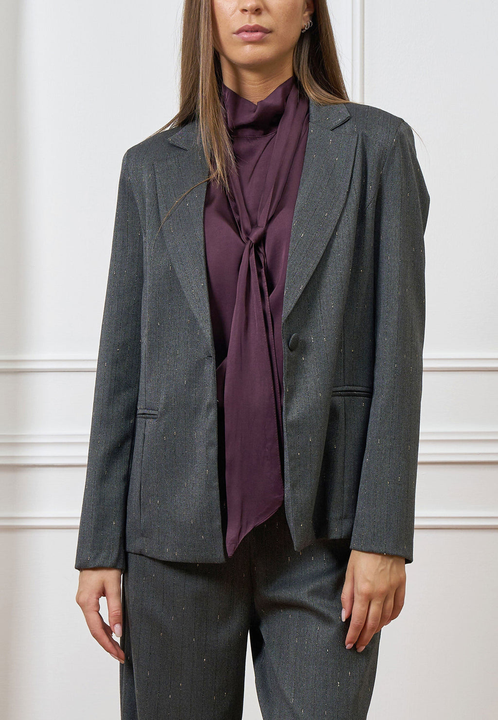 Single-breasted herringbone blazer with lurex