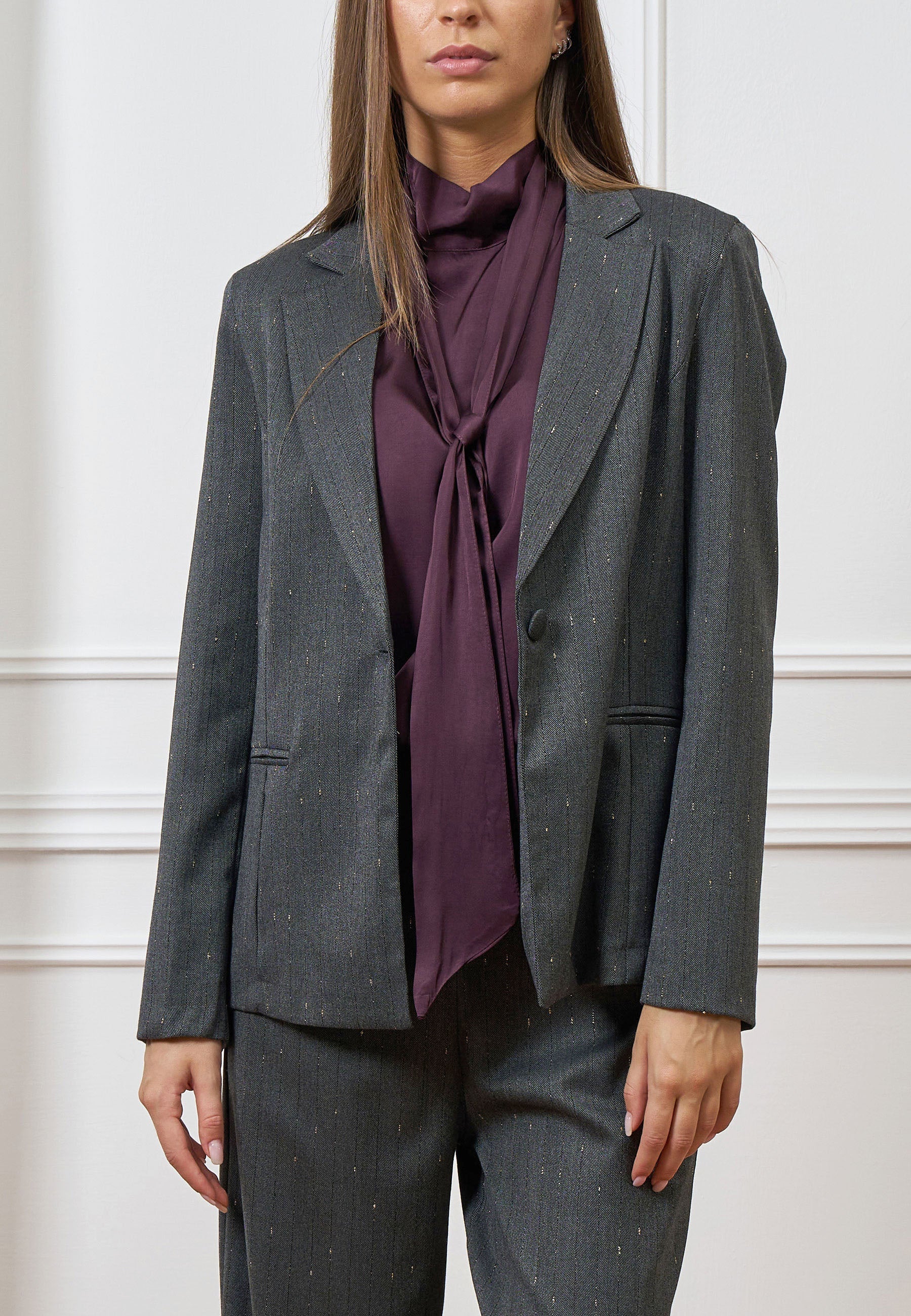 Single-breasted herringbone blazer with lurex