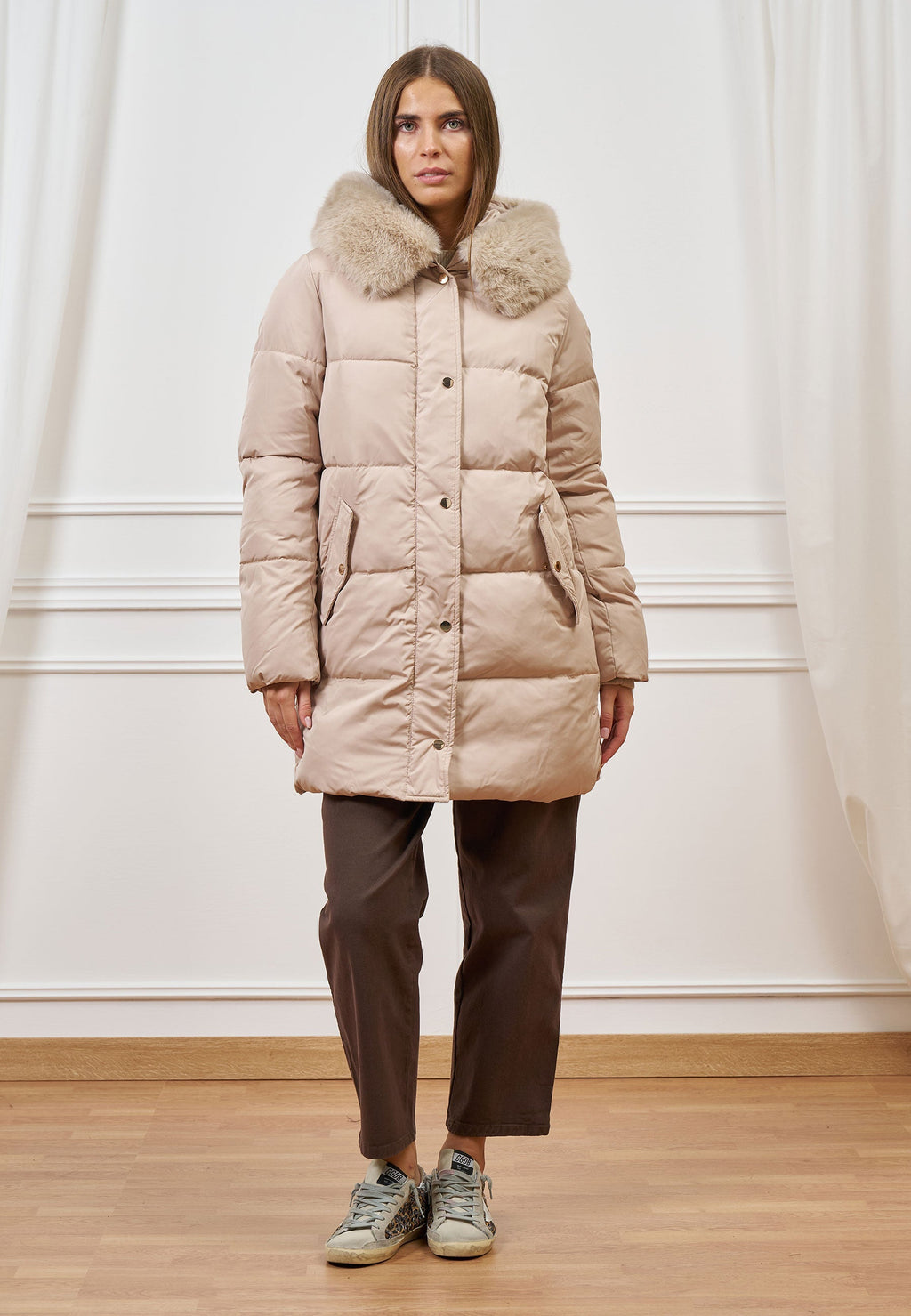 Midi puffer coat with hood