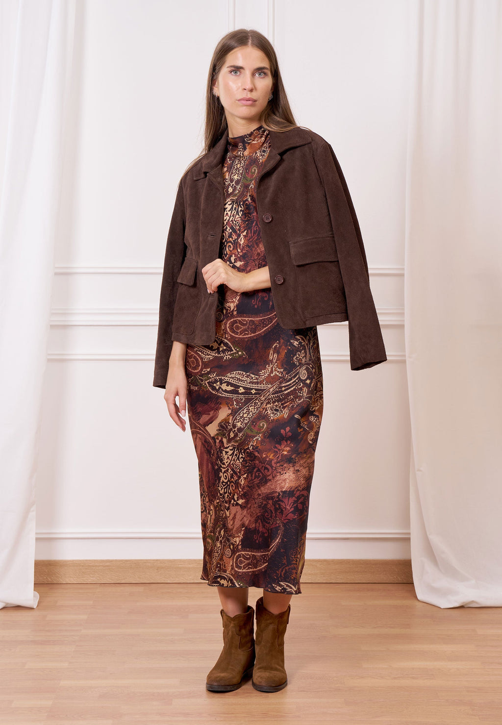 Long printed satin dress