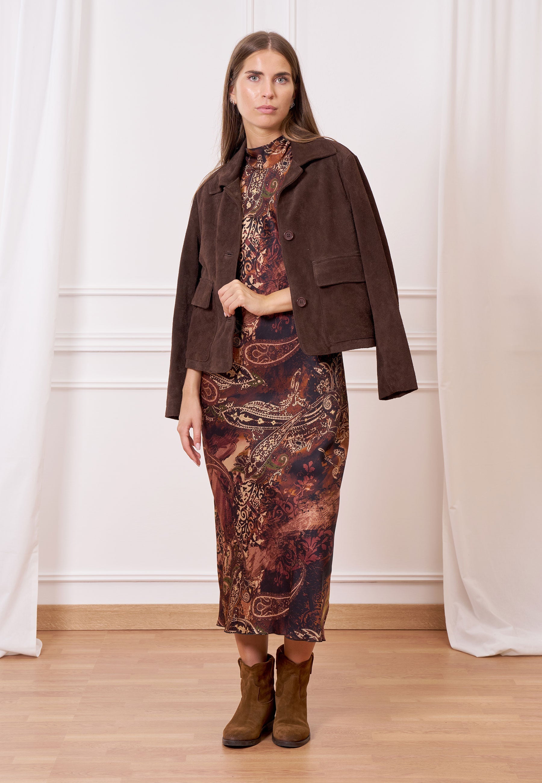 Long printed satin dress