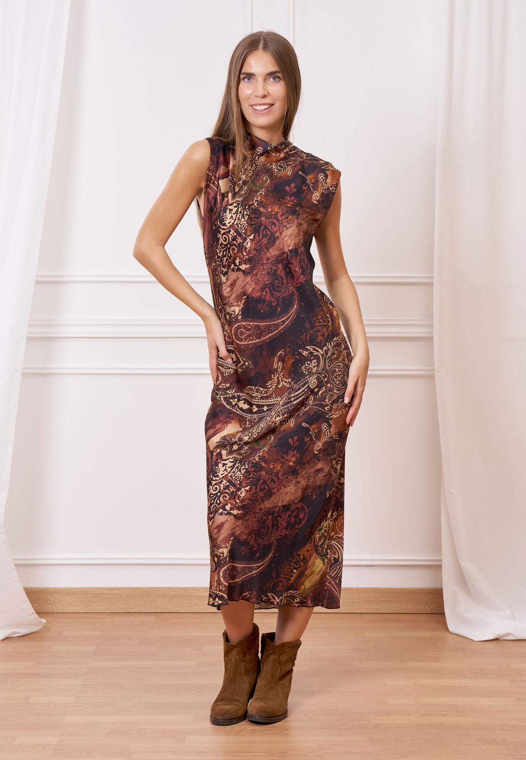 Long printed satin dress