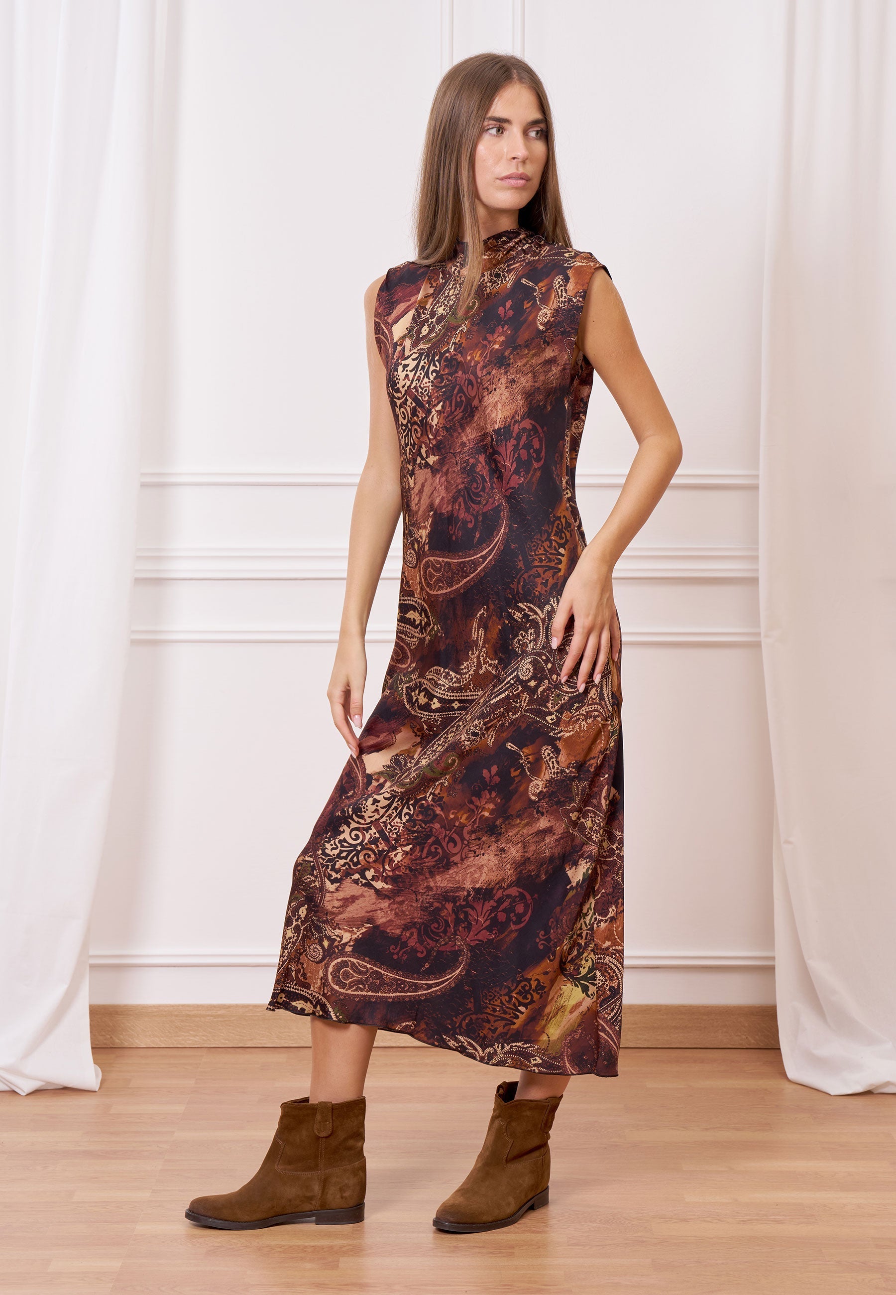 Long printed satin dress